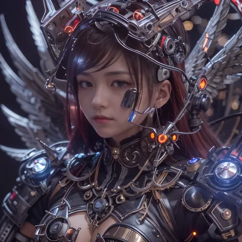 (top-quality:1.2, masterpiece)、ultra high resolution、extremely ultra surrealism, (Photorealsitic:1.4)、Raw photo、(Steampunk Battle Cyborg fallen angel)、large wings made of metal、black porcelain body、red  hair、glowy skin、1 Cyborg girl、(mechanical frame:1.3)j...