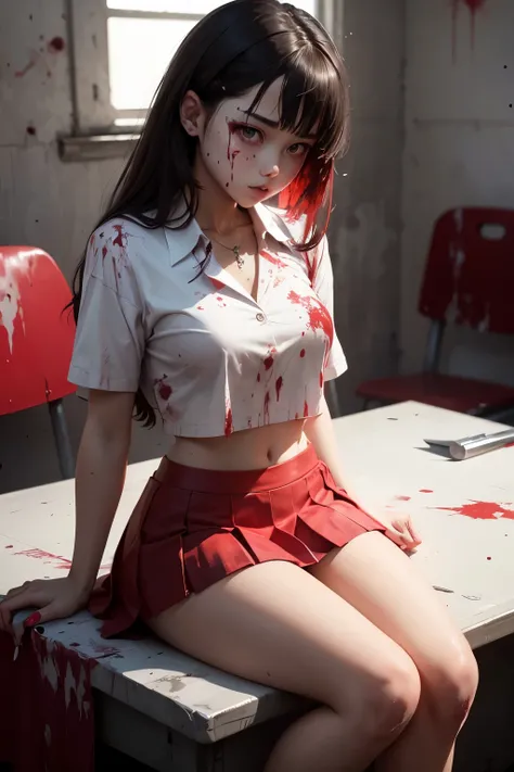 High school girl wearing a white cropped shirt, short red skirt, red nails, holding a knife, blood on the knife and lots of blood splatters on her body, pupils like rubies, sitting on the table, Dark class. She was holding a knife covered in blood.