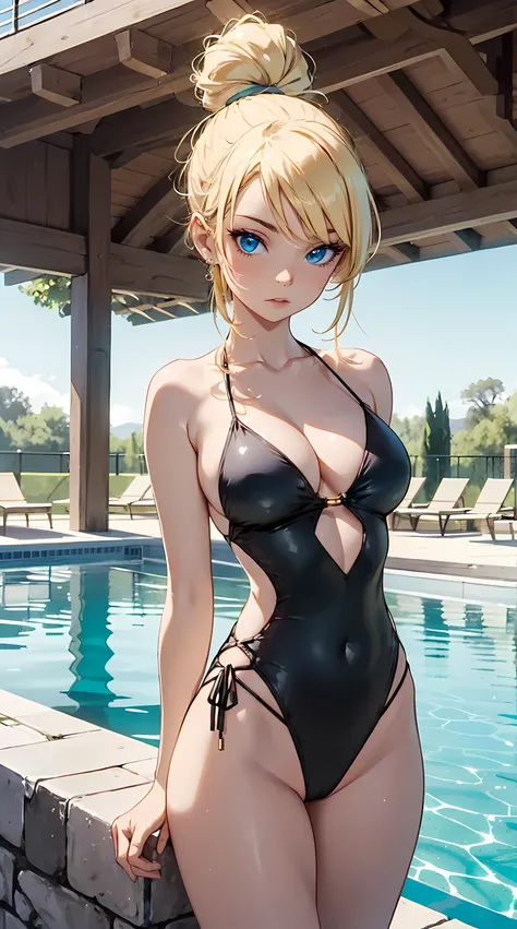 Beautiful blonde girl is shown to have a tiny figure, she is wearing a nsfw one piece bikini, sassy look, tiny hairbun, blue eyes, girl standing by the pool sexy session, sexy pose, tiny cleavage, cowboy shot, superior quality, many details, realistic