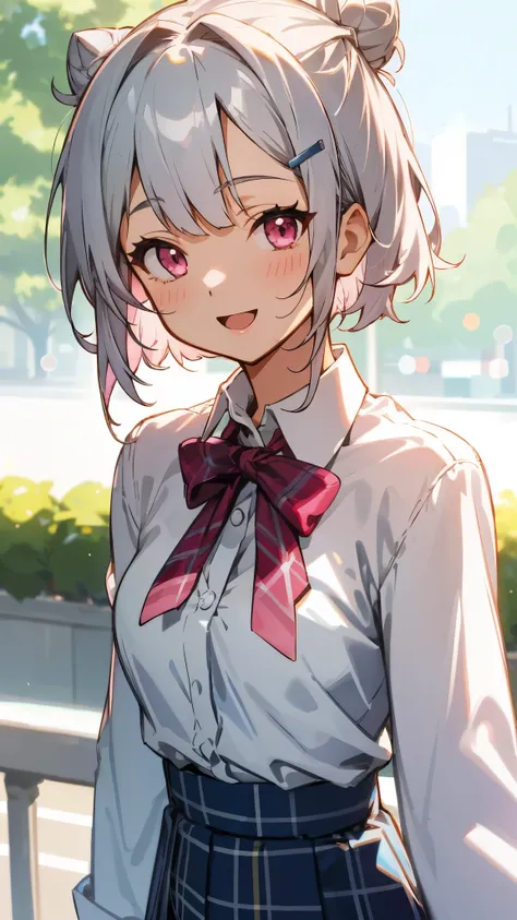 silver short hair and bob hair、I tied my hair in a bun with a hair clip..、pink eyes、white blouse shirt、tartan check skirt、smile、please open your mouth wide、upper body close-up、sharp outline、Morning Cafe Terrace、background bokeh、written boundary depth