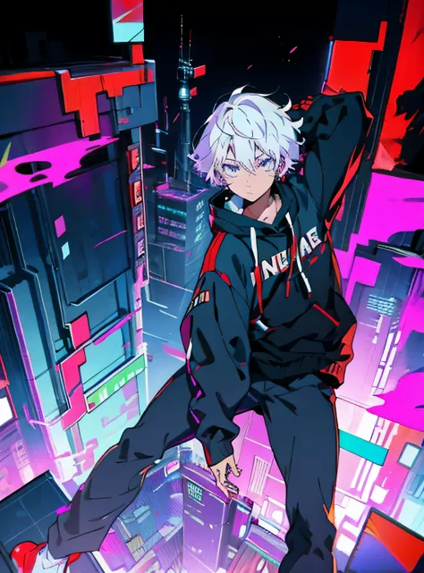 Boy, high angle view wearing a black cyberpunk hoodie and pants, on top of a building, white hair, purple eyes 