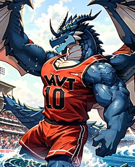 Publaz, (dragon), Two-color, dragon&#39;s eyes, (muscular body:1.3), perfect eyes, Handsome, OK,(white basketball jersey), (on the playground),(Express), sports field background,(close up),(happy eyes:1.2),look at screen,(dragon horn),(Dragon tail),differe...