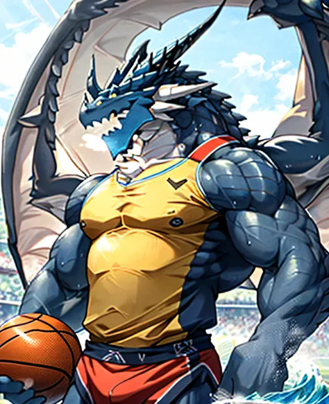 Publaz, (dragon), Two-color, dragon&#39;s eyes, (muscular body:1.3), perfect eyes, Handsome, OK,(white basketball jersey), (on the playground),(Express), sports field background,(close up),(happy eyes:1.2),look at screen,(dragon horn),(Dragon tail),differe...