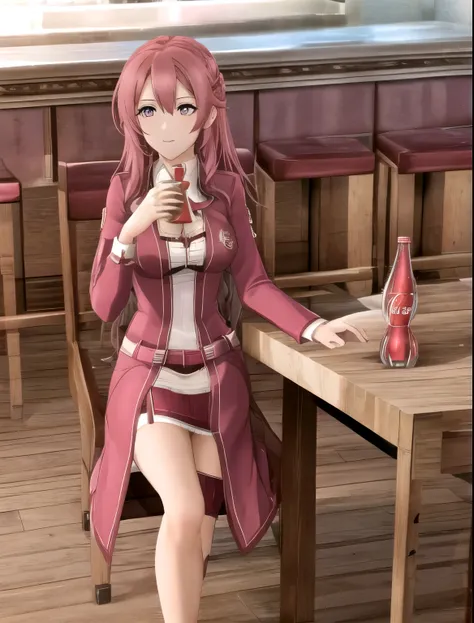 gorgeous woman wearing red pinkish dress with magenta details, in a pub, drinking coca cola, intricated details, anime style, 8k