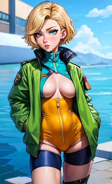 cartoon of a woman with only a collar and a jacket on, anime ss military jacket, naked jacket, digital art, top rated on pixiv, ecchi anime style, enbie girl meme, ecchi style, small breasts, very short hair, dull blonde hair, undercut, flipped hair, aqua ...