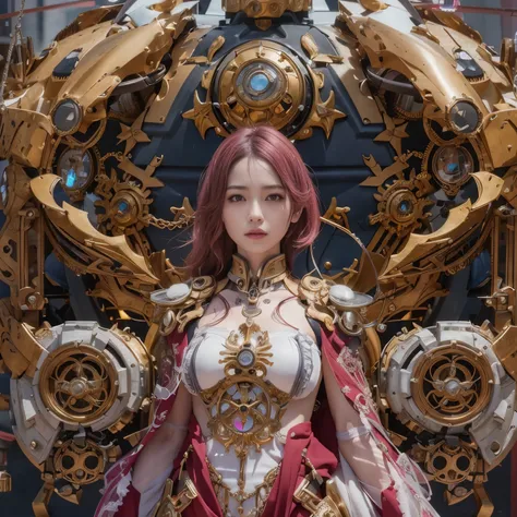 (top-quality:1.2, masterpiece)、ultra high resolution、extremely ultra surrealism, (Photorealsitic:1.4)、Raw photo、(Steampunk Battle Cyborg fallen angel)、large wings made of metal、black porcelain body、red  hair、glowy skin、1 Cyborg girl、(mechanical frame:1.3)j...