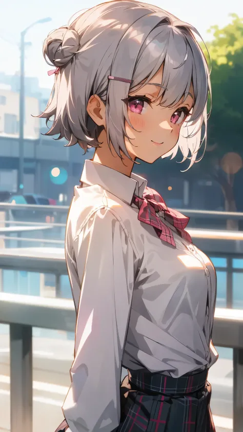 silver short hair and bob hair、I tied my hair in a bun with a hair clip..、pink eyes、white blouse shirt、tartan check skirt、smile、From the side、upper body close-up、sharp outline、Morning Cafe Terrace、background bokeh、written boundary depth