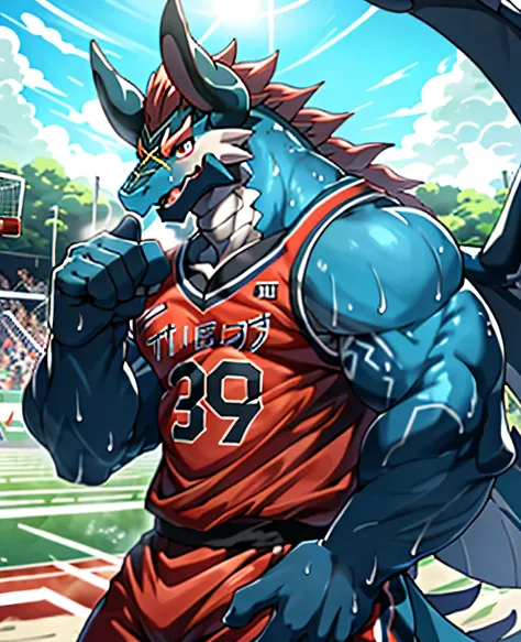 (dragon), two-color, dragon&#39;s eyes, (muscular body:1.3), perfect eyes, handsome, ok,(white basketball jersey), (on the playg...