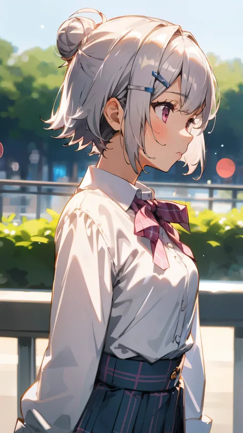 silver short hair and bob hair、I tied my hair in a bun with a hair clip..、pink eyes、white blouse shirt、tartan check skirt、profile、upper body close-up、sharp outline、Morning Cafe Terrace、background bokeh、written boundary depth