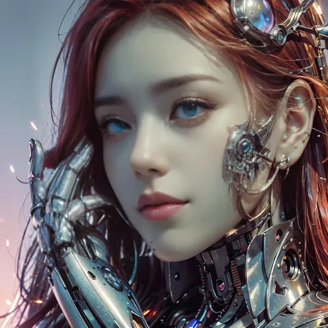 (top-quality:1.2, masterpiece)、ultra high resolution、extremely ultra surrealism, (Photorealsitic:1.4)、Raw photo、(Steampunk Battle Cyborg fallen angel)、large wings made of metal、black porcelain body、red  hair、glowy skin、1 Cyborg girl、(mechanical frame:1.3)j...