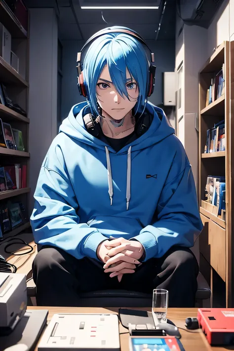 man in his 30s　wearing a hoodie　There&#39;s a lot of light in your eyes　Blue hair color　wearing headphones　musician　Hide half of your face with your hands　Cyberpunk image　A room filled with retro games