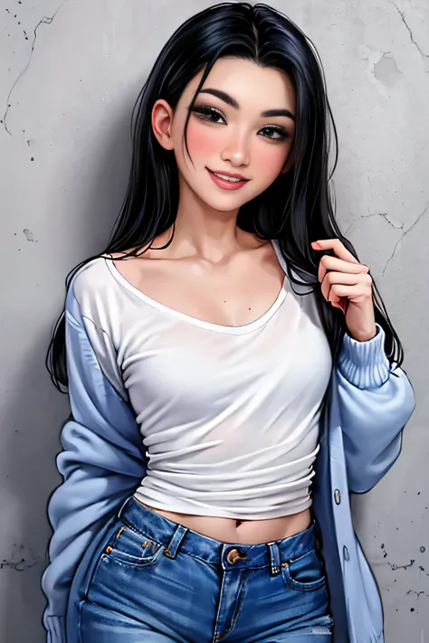 Amazing portrait of a sexy woman wearing her long straight luscious black hair, seductively gazing and smiling, soft lips, parted, blushing intensely, smiling, white t shirt, grey cardigan, baggy jeans, medium chest, perfect body