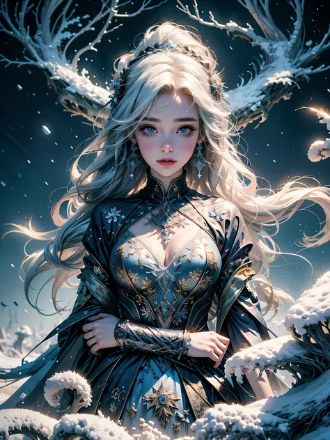 official art, unity 8k wallpaper, ultra detailed, beautiful and aesthetic, High quality, beautiful, masterpiece, best quality, (zentangle, mandala, tangle, entangle:0.6),cute young girl, full body view, white hair, snow capped background, frost, dew, fores...