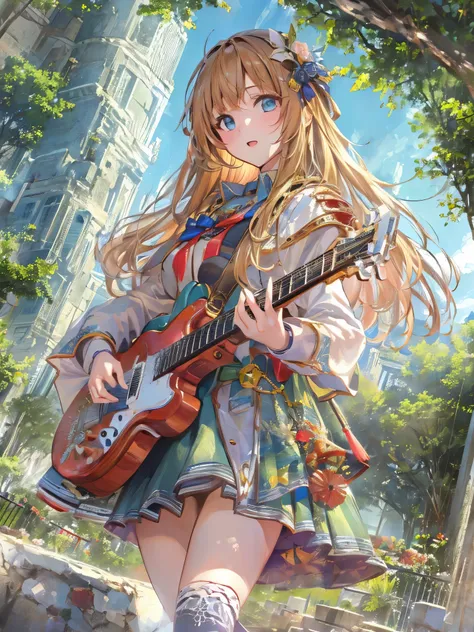 ((highest quality)),(ultra high resolution),(Super detailed),(detailed description),((The best CG)),(best work of art),super precision art,amazing drawing art,(Art with precise details:1.5), (high school girl:1.5), Learning to play the guitar on campus aft...