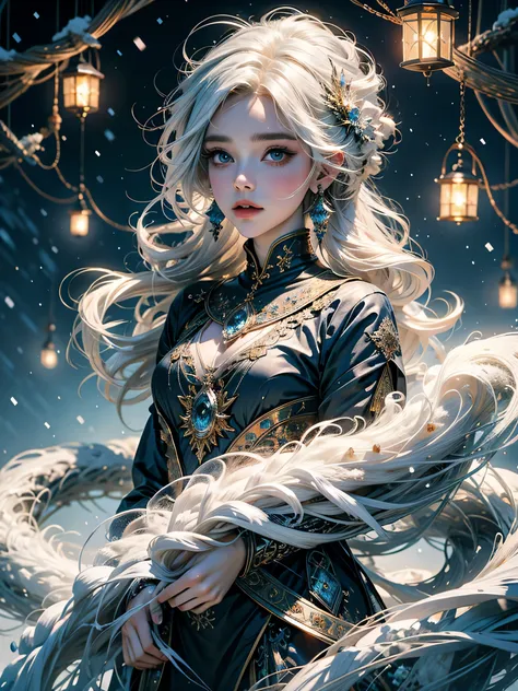 official art, unity 8k wallpaper, ultra detailed, beautiful and aesthetic, High quality, beautiful, masterpiece, best quality, (zentangle, mandala, tangle, entangle:0.6),cute young girl, full body view, white hair, snow capped background, frost, dew, fores...