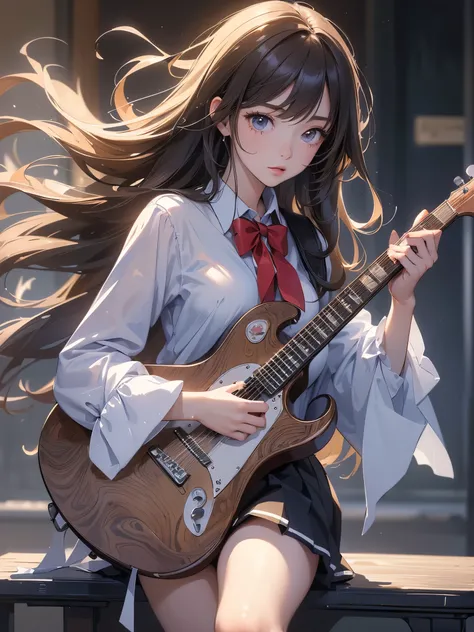 ((highest quality)),(ultra high resolution),(Super detailed),(detailed description),((The best CG)),(best work of art),super precision art,amazing drawing art,(Art with precise details:1.5), (high school girl:1.5), Learning to play the guitar on campus aft...