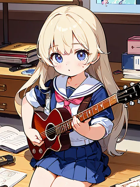 ((highest quality)),(ultra high resolution),(Super detailed),(detailed description),((The best CG)),(best work of art),super precision art,amazing drawing art,(Art with precise details:1.5), (high school girl:1.5), Learning to play the guitar on campus aft...