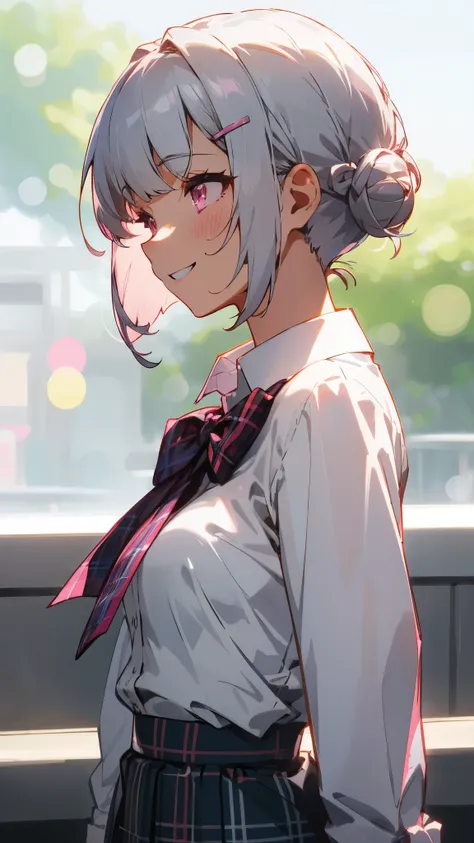 silver short hair and bob hair、I tied my hair in a bun with a hair clip..、pink eyes、white blouse shirt、tartan check skirt、grin and laugh、profile、upper body close-up、sharp outline、Morning Cafe Terrace、background bokeh、written boundary depth