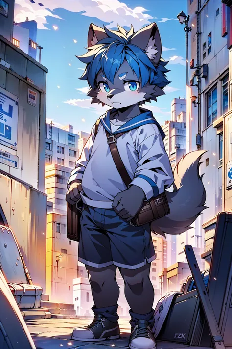 a boy with wolf features standing alone in a modern city. he has a furry appearance with a disgusted expression and empty eyes. ...