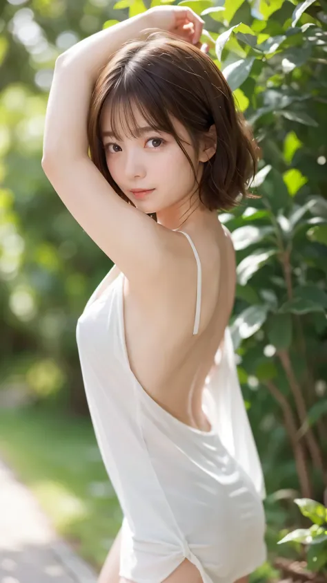 Caucasian 14 year old girl、background blur、Super high quality、sunlight、Bare shoulders、bare back、Bare feet、Deep slit open top dress、Fair-skinned beautiful girl、disheveled bob hair、small breasts、small breastsの谷間、A fleeting look、clear outline、Mature atmospher...