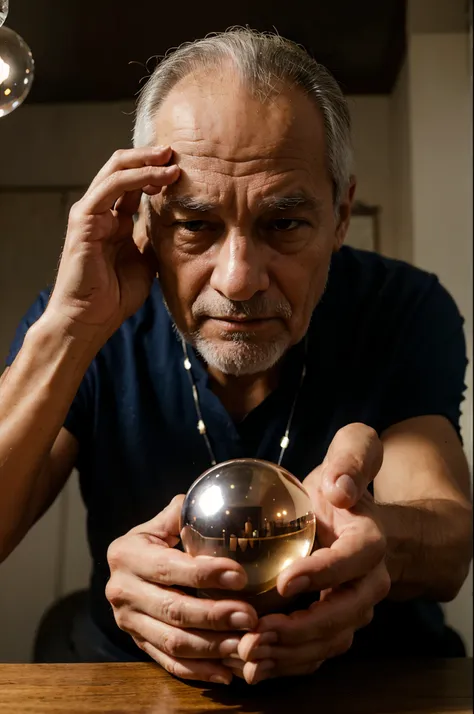 Old man with crystal ball in hand controlling mind