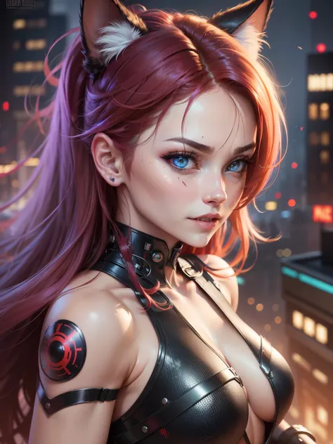 (Best quality, 4k, 8k, high resolution, masterpiece: 1.2), super detailed, (realistic, photorealistic, photorealistic: 1.37), anime, cat girl, red hair, glowing eyes, futuristic city, muscular body, toned Body, abs of steel, anime style, cat ears girl, che...