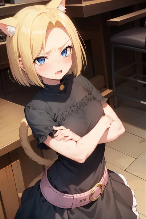 ANDROID18,crying face,embarrassing,shy,Sweat,open your mouth wide,blush,Gothic Lolita,Cat ear,coffee shop,blonde,short hair,cat tail,panic,panic, crossed arms