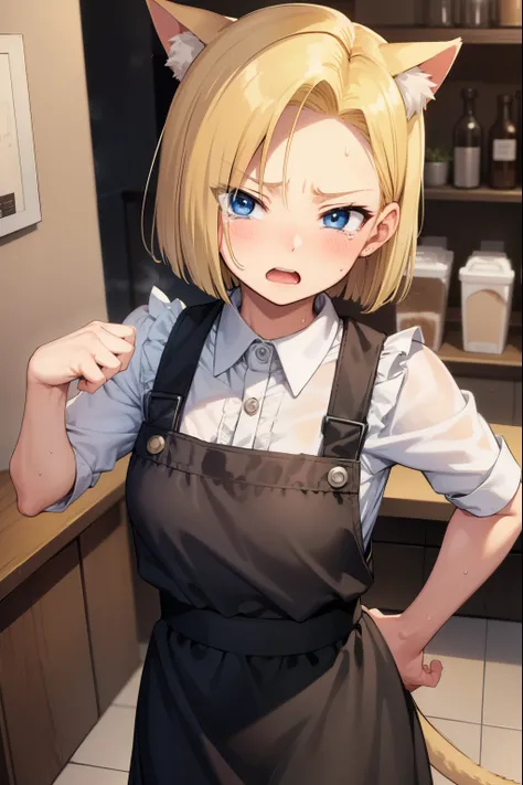 ANDROID18,crying face,embarrassing,shy,Sweat,open your mouth wide,blush,Maid clothes,Cat ear,coffee shop,blonde,short hair,cat tail,