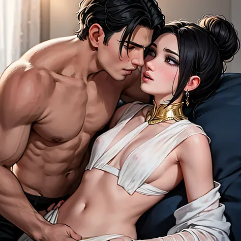 Shirtless boy kissing a sexy and cute woman with black hair tied in a neat bun and smokey eyes wearing eyeliner wearing white saree with gold embroidery