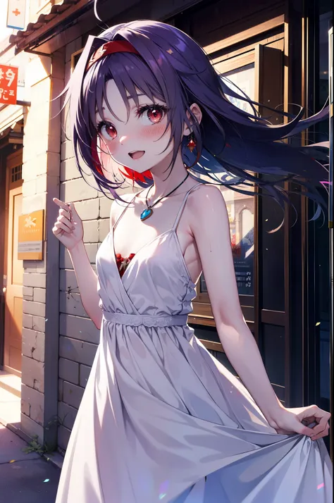 yuukikonno, Konno Yuuki, hair band, long hair, pointed ears, purple hair, (red eyes:1.5), (small breasts:1.2), smile,blush,open your mouth wide,straw hat,White long skirt integrated dress,bare shoulders,bare clavicle,Bare neck,bare arms,Cute Sandals,bend f...