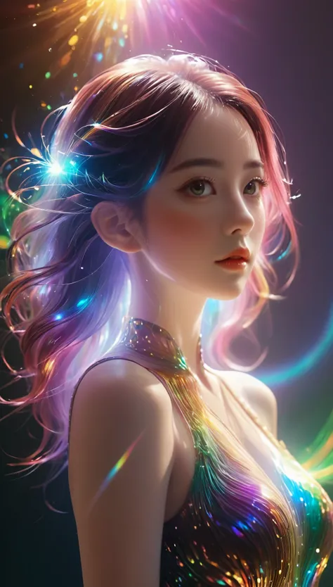 {{masterpiece}}, best quality, Extremely detailed CG unified 8k wallpaper, movie lighting, lens flare, beautiful details eyes, Black,  side view,  multi color hair, rich and colorful light, particle, heterochromia, (rich and colorful:1.5), (rich and colorf...