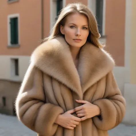 a very long light brown and sand mink fur coat with a huge, very thick fur collar , three layers , fifty centimeters thick, sur ...