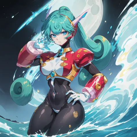 marino_megamanx, 1girl, green hair, blue eyes, ponytail, detailed face, breasts, high quality, masterpiece, surrounded by water and a small moon, in the style of vivid energy explosions, anime art, dark palette, sharp and angular, dragon art, 8k, whirring ...