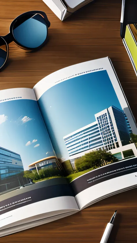 brochures with modern buildings placed on a desk