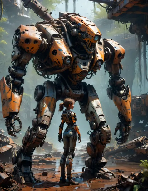 Abandoned Mech,  Trapped in a quagmire for long time, rust, corrosion,young girl trying to repair mech,  (best quality, masterpiece, Representative work, official art, Professional, Ultra intricate detailed, 8k:1.3)