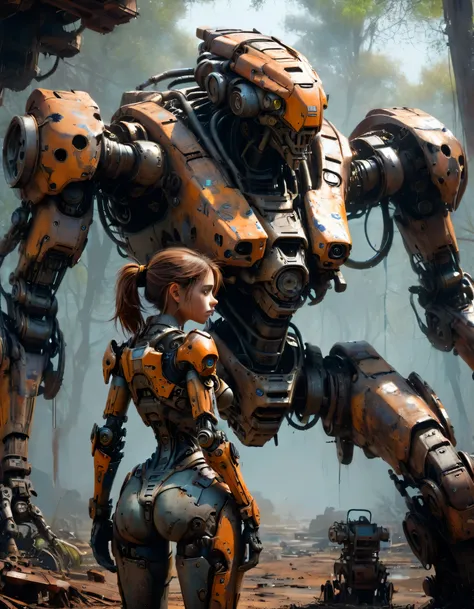 Abandoned Mech,  Trapped in a quagmire for long time, rust, corrosion,young girl trying to repair mech,  (best quality, masterpiece, Representative work, official art, Professional, Ultra intricate detailed, 8k:1.3)