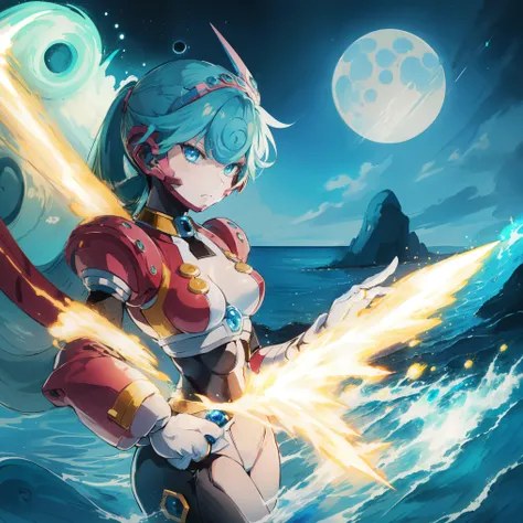 marino_megamanx, 1girl, green hair, blue eyes, ponytail, detailed face, breasts, high quality, masterpiece, surrounded by water and a small moon, in the style of vivid energy explosions, anime art, dark palette, sharp and angular, dragon art, 8k, whirring ...