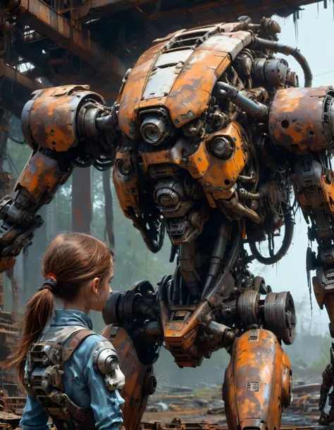 Abandoned Mech,  Trapped in a quagmire for long time, rust, corrosion,young girl trying to repair mech,  (best quality, masterpiece, Representative work, official art, Professional, Ultra intricate detailed, 8k:1.3)