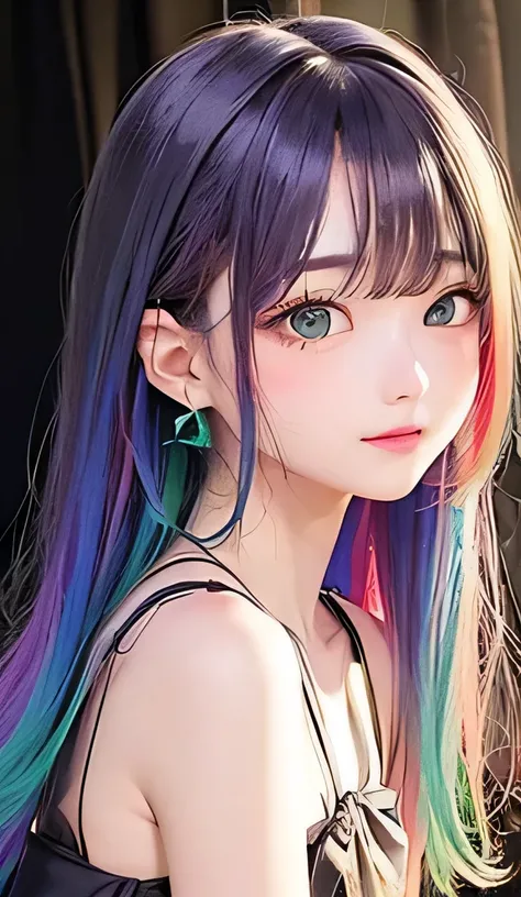 small face、Big chest、 (alone:1.5,)Super detailed,bright colors, very beautiful detailed anime face and eyes, look straight,  shiny_skin,girl, (((rainbow colored hair, colorful hair, Half red、Half emerald green hair: 1.2))), 、shiny hair, delicate beautiful ...