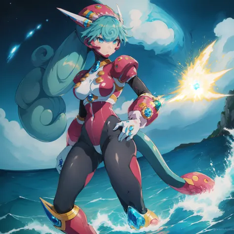 marino_megamanx, 1girl, green hair, blue eyes, ponytail, detailed face, breasts, high quality, masterpiece, surrounded by water and a small moon, in the style of vivid energy explosions, anime art, dark palette, sharp and angular, dragon art, 8k, whirring ...