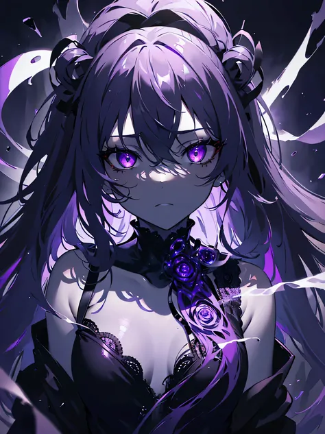 (best quality,4k,8k,highres,masterpiece:1.2), ultra-detailed, realistic:1.37, long and purple hair, glowing suspicious eyes, whole body in focus, ruin in the background, monochrome color scheme, in the dark, a girl with a dark purple glow and purple eyes l...