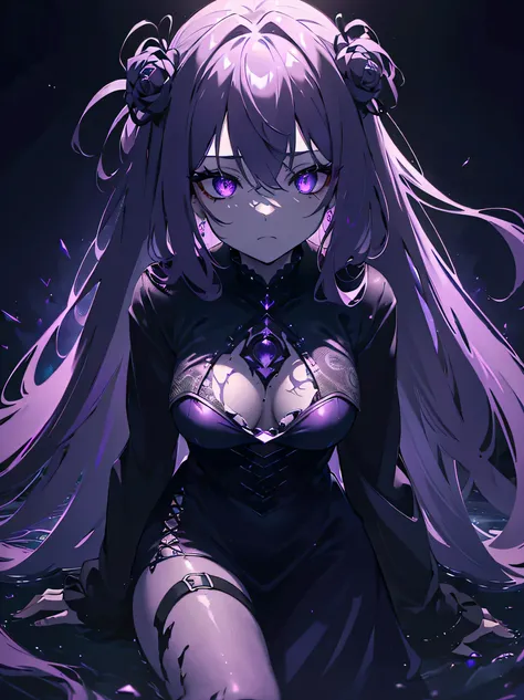 (best quality,4k,8k,highres,masterpiece:1.2), ultra-detailed, realistic:1.37, long and purple hair, glowing suspicious eyes, whole body in focus, ruin in the background, monochrome color scheme, in the dark, a girl with a dark purple glow and purple eyes l...