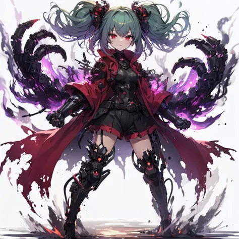 (masterpiece, Best Quality), (detailed hairs), Ultra-detailed, Anime style, Full body, solo, cyberpunk fighter girl, burned black mechanical limb, mechanized foot, ((fists of black-purple flame)), Sea green two topknot hairstyle with red eyes, wearing rage...