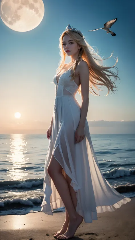 A girl comes out of the sea, Swan Princess from Russian mythology, beautiful calm face, blue eyes, long blonde hair braided into one braid, The moon is woven into the hair at the back of the head., White old Russian shiny clothes, A kokoshnik crown on the ...