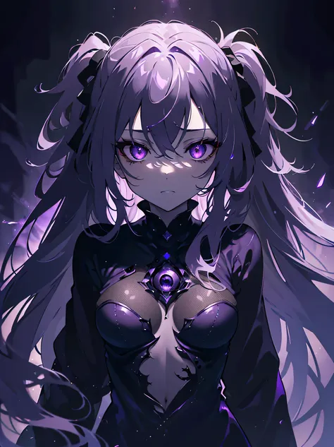 (best quality,4k,8k,highres,masterpiece:1.2), ultra-detailed, realistic:1.37, long and purple hair, glowing suspicious eyes, whole body in focus, ruin in the background, monochrome color scheme, in the dark, a girl with a dark purple glow and purple eyes l...