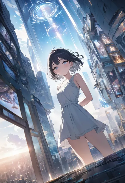 In a bustling metropolis, a high school girl discovers herself trapped in a suspended reality, time frozen around her. Illustrate her solitude amidst the motionless cityscape. What does she perceive? How does she react? Is she truly alone in this temporal ...