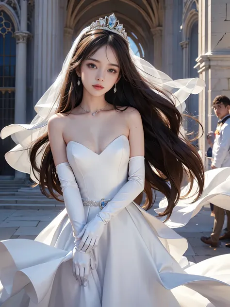 best quality, masterpiece, 1 girl, yak, cute teen, shiny lips, sweet, sun glare, Conservative attire, white gloves, bell-line wedding dress, Bridal tiara, depth of field, blurred background, Cathedral Background, light particles, strong wind, long hair, he...