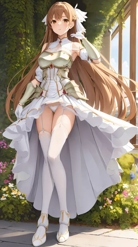 masterpiece, highest quality, High resolution, Dassna, long hair, brown hair, hair ribbon, brown eyes, bare shoulders, white armor, armored dress, removed sleeve, white gloves, white stockings, full body, fantasy, world, (white panties:1.3), (Panty shot:1....