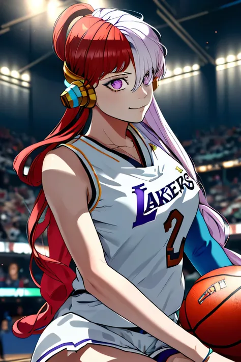 best quality, highres, 1girl, split-color hair, hair over one eye, red hair, multicolored hair, long hair, purple eyes, two-tone hair, hair rings, white dress, headphones, white hair, black ribbon, bangs, very long hair, big breasts, ((wearing Lakers jerse...