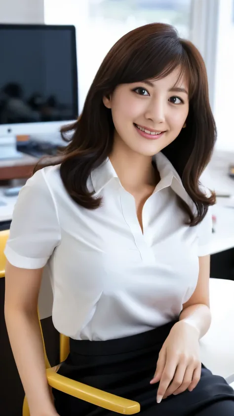 1 Japanese female,shiny hair、classy smile、Jacket、white collared short sleeve blouse、swelling of the chest、beautiful bust、Tight Skirt、black hair、pumps,highest quality,Very delicate and beautiful 8K,very high resolution,,beautiful detailed girl,realistic、Ins...